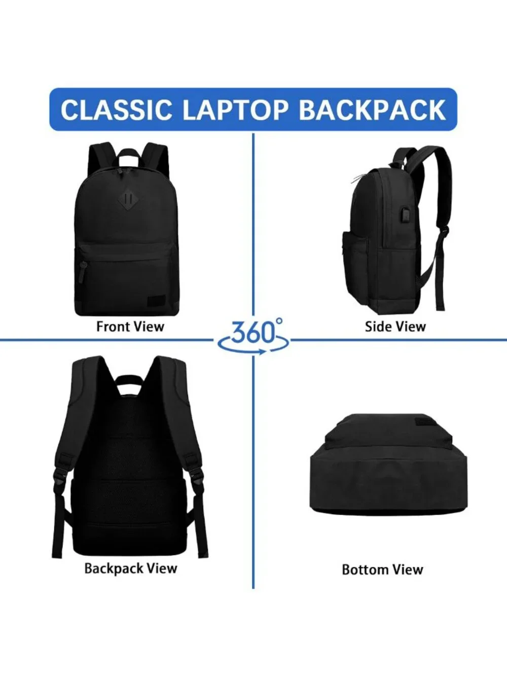 Water Resistant Travel Laptop Backpack, USB Charging, Large Capacity, All Black
